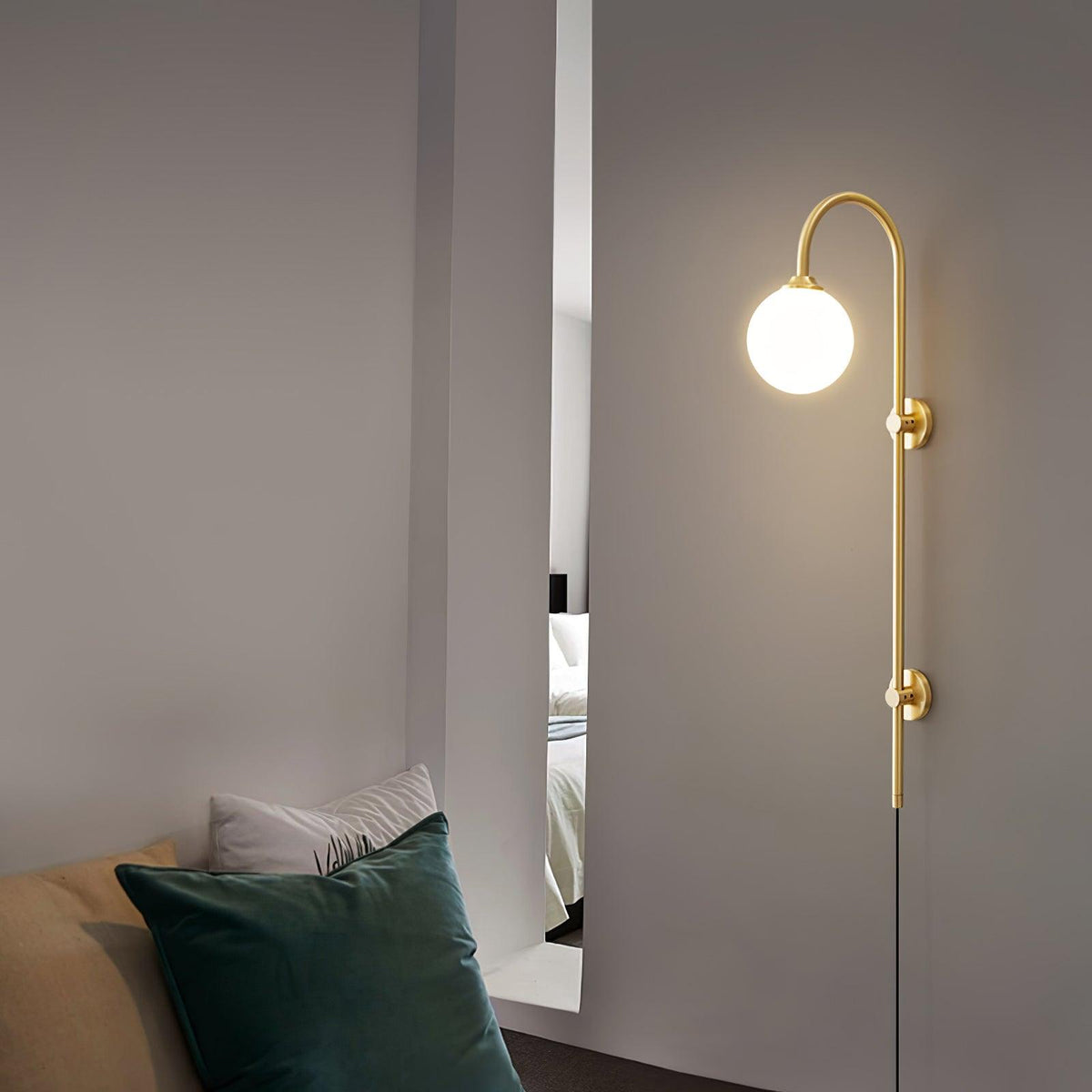 Mirevane Plug-In Glass Globe Brass Wall Lamp