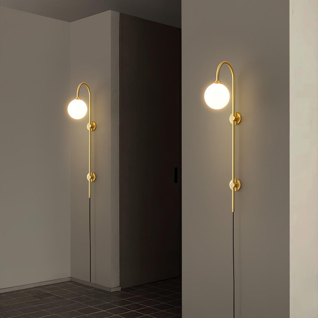 Mirevane Plug-In Glass Globe Brass Wall Lamp