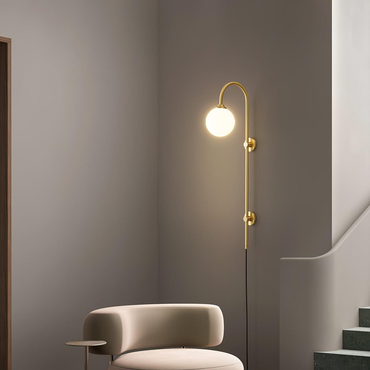 Mirevane Plug-In Glass Globe Brass Wall Lamp