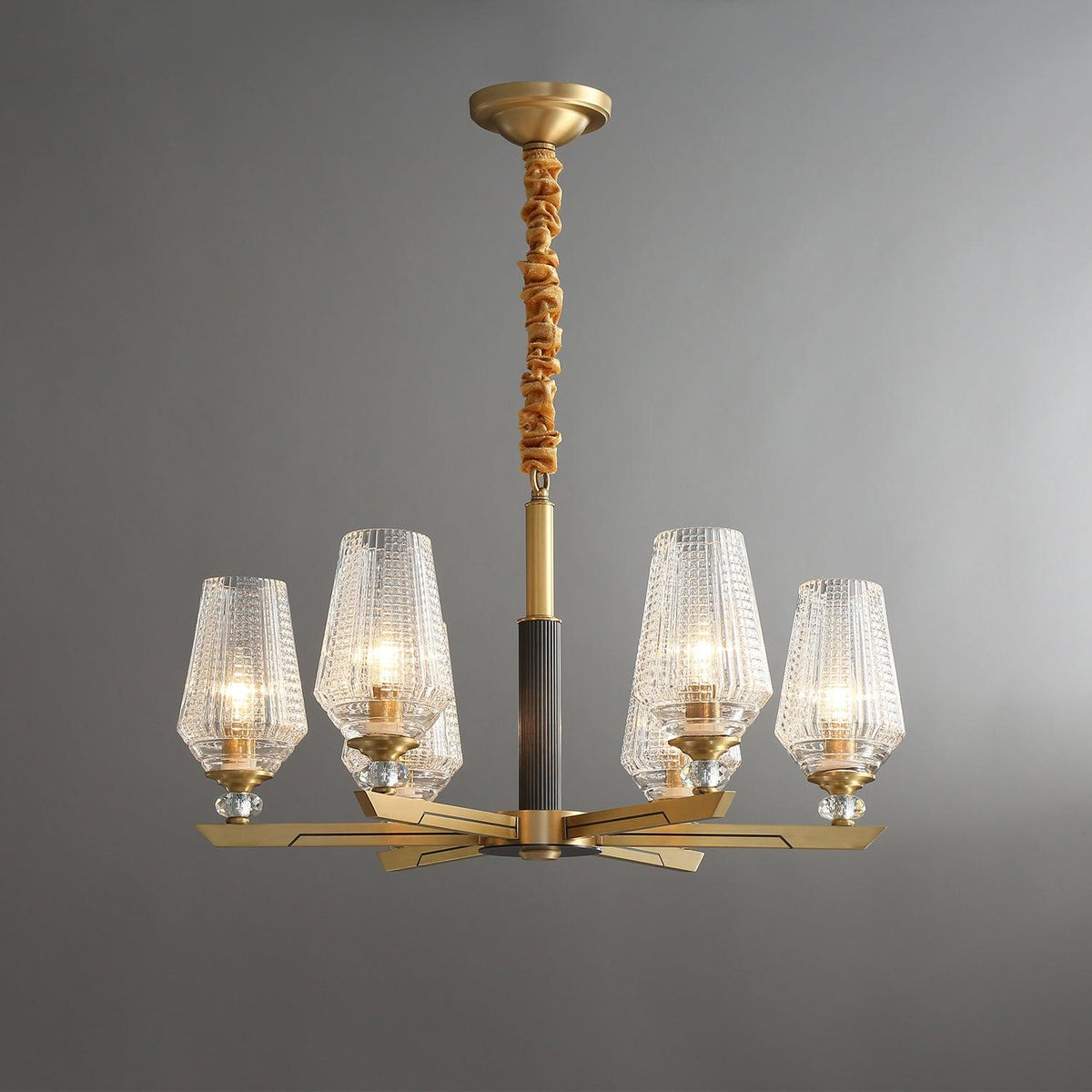 Quenora Ribbed Glass Brass Chandelier#Size_6 heads#Finish_Brass