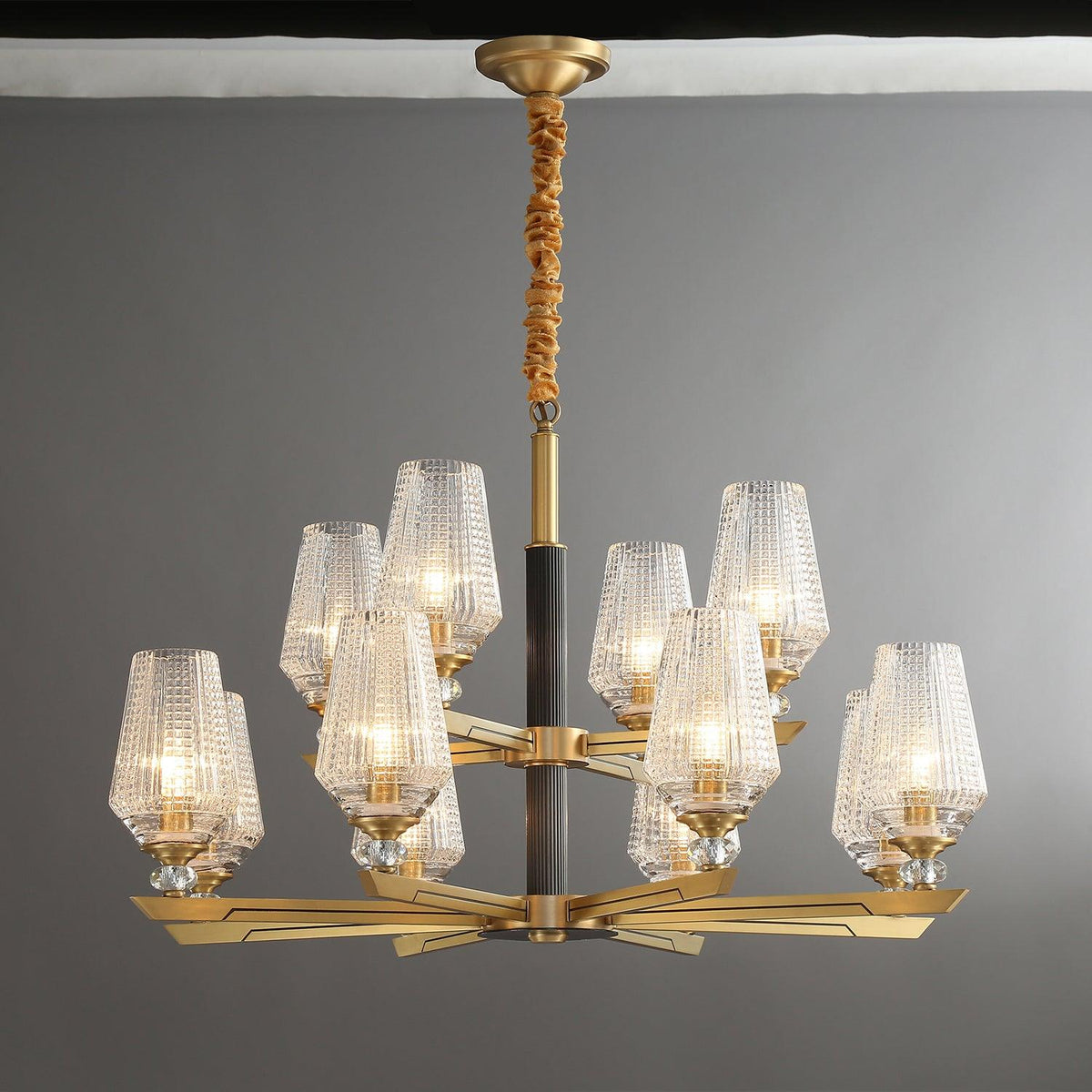 Quenora Ribbed Glass Brass Chandelier#Size_12 heads#Finish_Brass